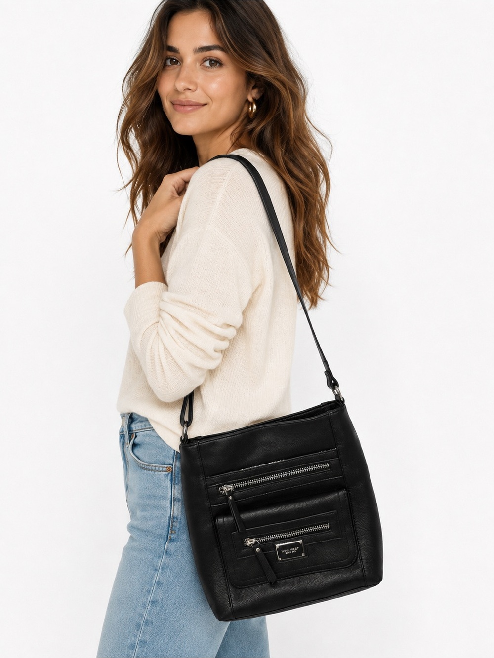 EUC Tignanello Black Genuine Leather Multi Zip Crossbody Bag